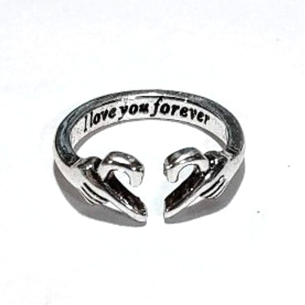 Sterling Silver Plated Ring Heart Hands I love You Forever Engraved Message NEW!
